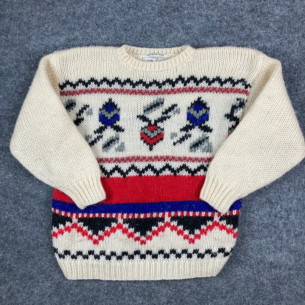 SML Sport Sweater Womens Size‎ L Cream Red Hand Knit Wool Blend Winter Fair Isle